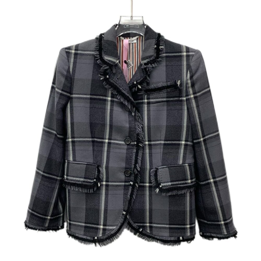 CW0711 Thom Browne Plaid Fringed Wool Blazer Jacket